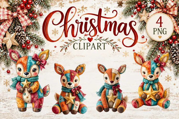 Cute Patchwork Christmas Animals Clipart | Teddy animals