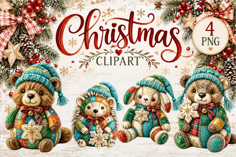 Cute Patchwork Christmas Animals Clipart | Teddy animals
