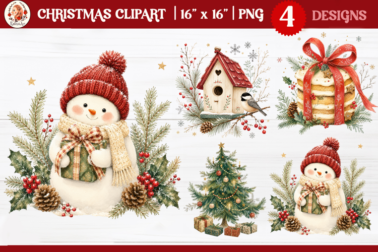 Cozy Christmas clipart PNG with a snowman, winter robin