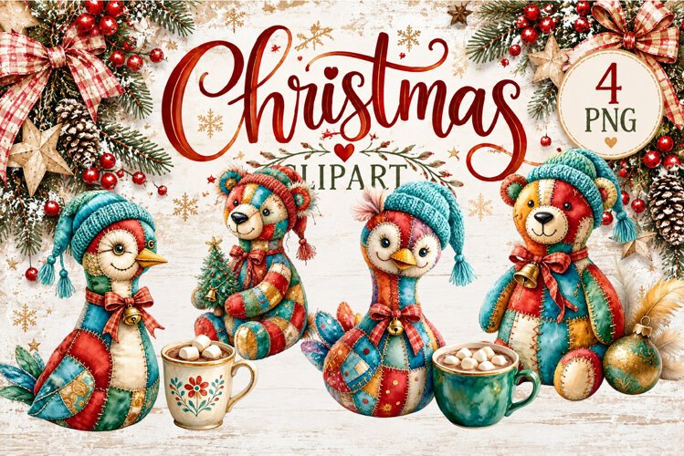 Cute Patchwork Christmas Animals Clipart | Teddy animals example image 1