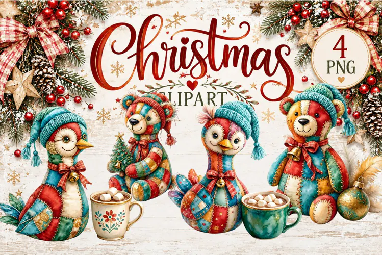 Cute Patchwork Christmas Animals Clipart | Teddy animals