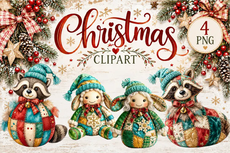 Cute Patchwork Christmas Animals Clipart | Teddy animals
