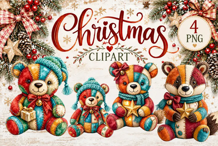Cute Patchwork Christmas Animals Clipart | Teddy animals