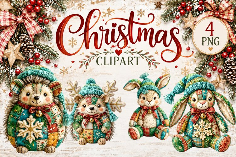 Cute Patchwork Christmas Animals Clipart | Teddy animals example image 1