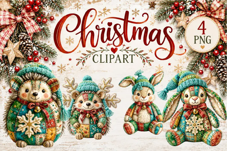 Cute Patchwork Christmas Animals Clipart | Teddy animals