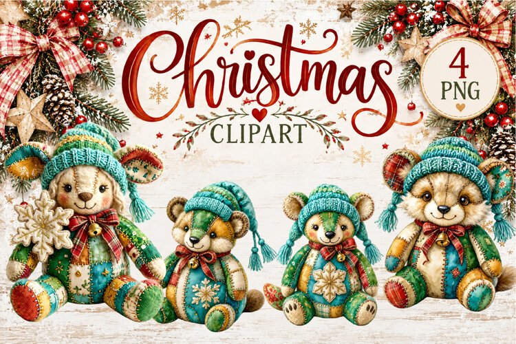 Cute Patchwork Christmas Animals Clipart | Teddy animals example image 1