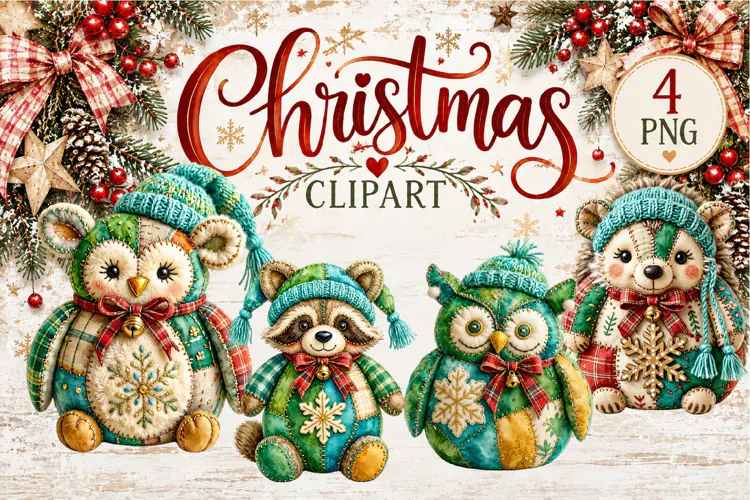 Cute Patchwork Christmas Animals Clipart | Teddy animals