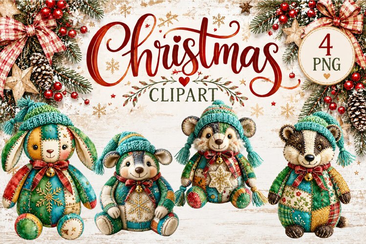Cute Patchwork Christmas Animals Clipart | Teddy animals example image 1