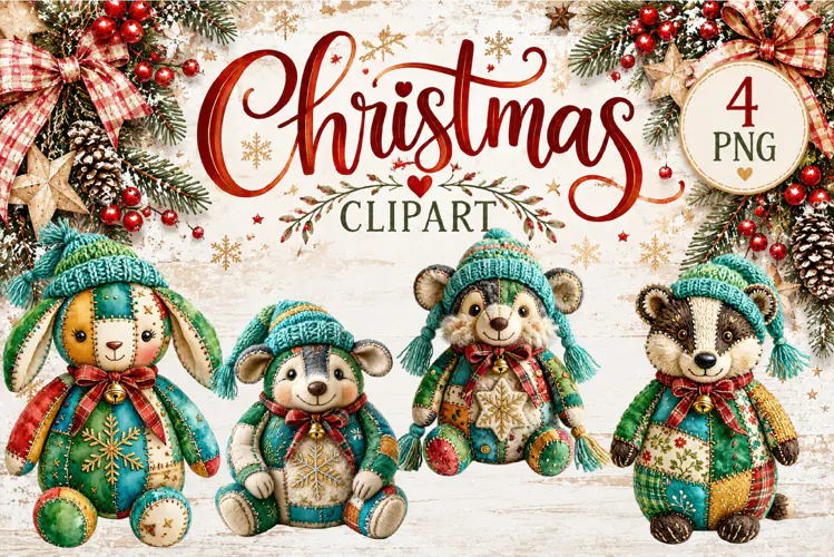 Cute Patchwork Christmas Animals Clipart | Teddy animals