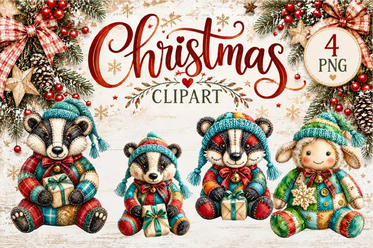 Cute Patchwork Christmas Animals Clipart | Teddy animals