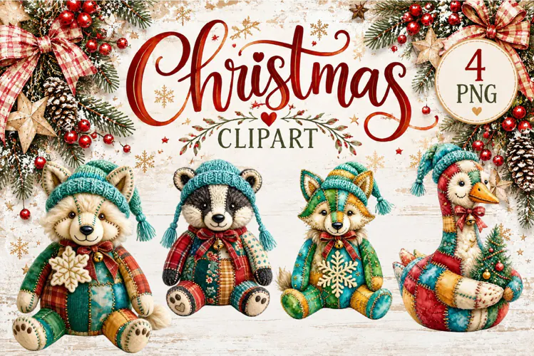 Cute Patchwork Christmas Animals Clipart | Teddy animals
