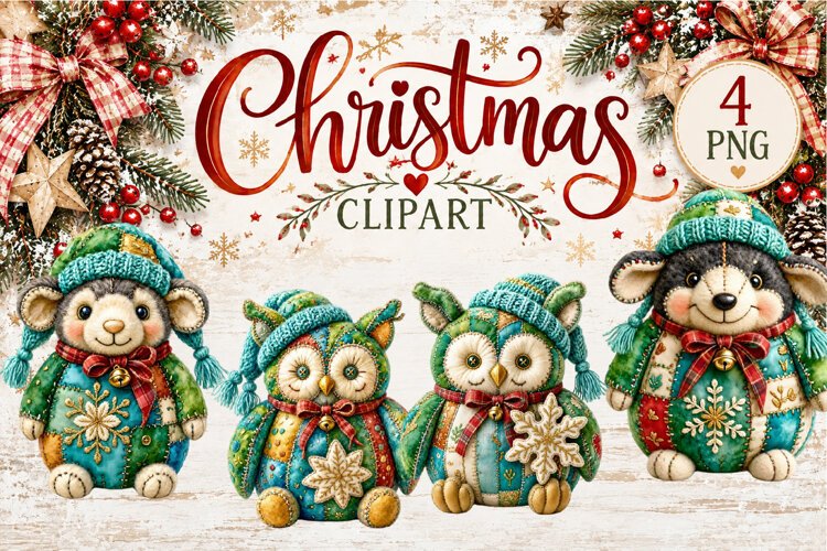 Cute Patchwork Christmas Animals Clipart | Teddy animals example image 1