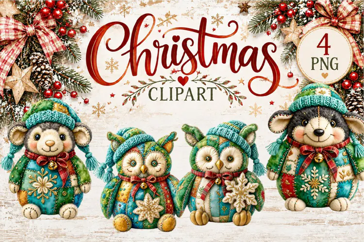 Cute Patchwork Christmas Animals Clipart | Teddy animals