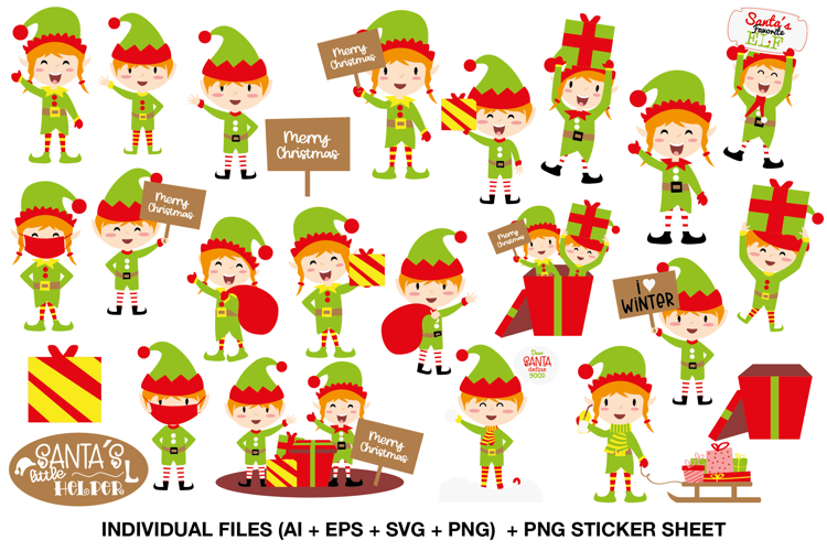 Christmas elves clipart bundle with elf characters and festive holiday elements