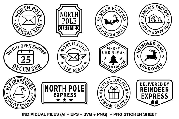 North Pole Stamps Clipart Set, Christmas Mail Png Graphics