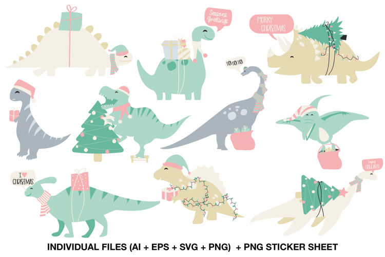 Christmas Dinosaurs Clipart Set, Pastel Holiday Png Graphics
