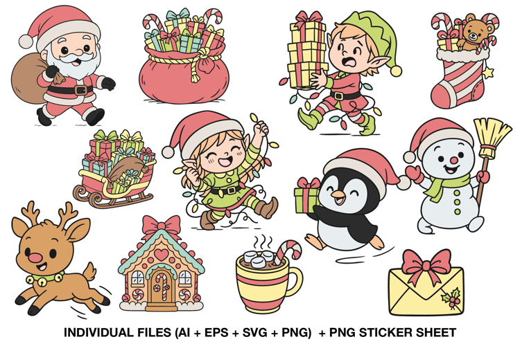 Christmas Clipart Bundle, Cute Holiday PNG Set 12 Files