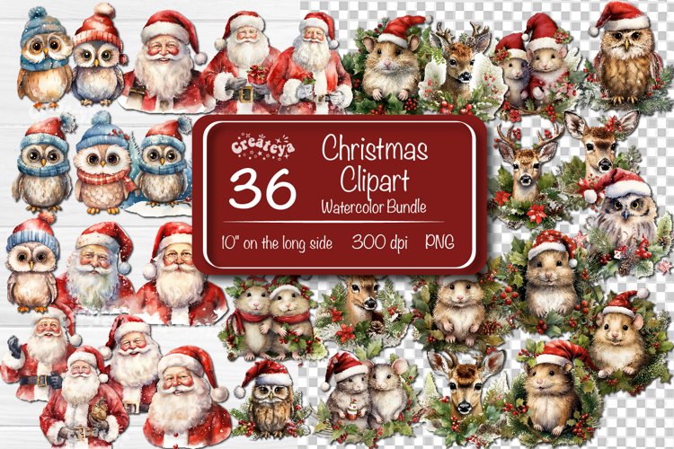 Christmas clipart Bundle watercolor illustration. Xmas clipart. The product contains 36 designs with Watercolor Baby Animals, Forest Animals, Owl, Reindeer, and Santa.