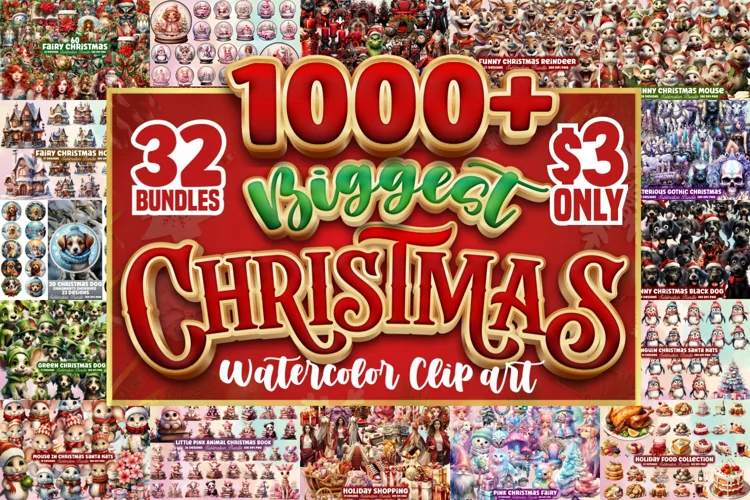 Mega Watercolor Christmas Clipart Bundle, Christmas Bundle