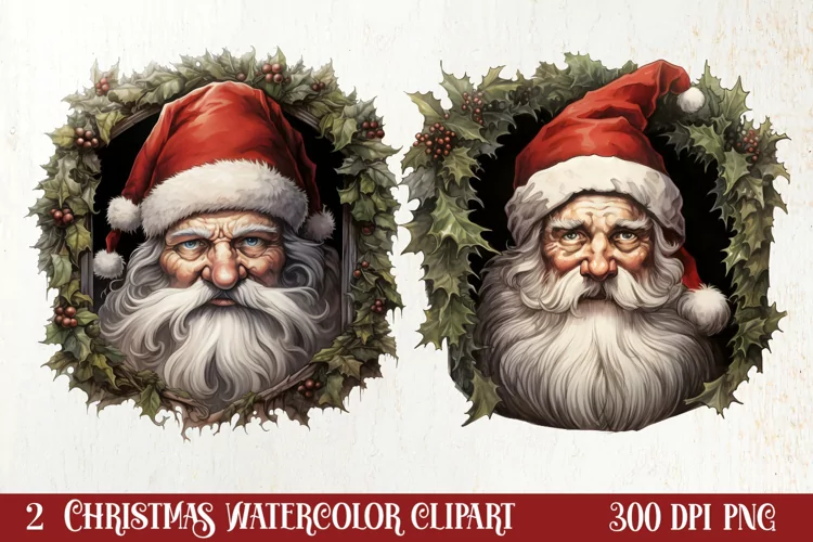 Watercolor Peeking Santa and Snowman Clipart, Christmas PNG