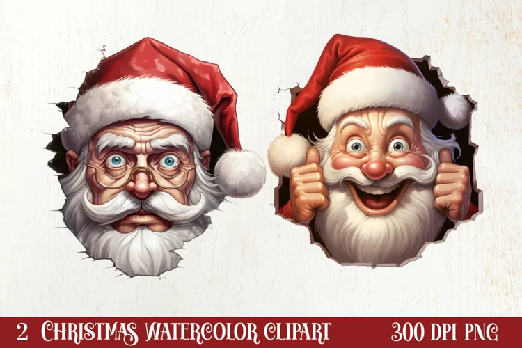 Watercolor Peeking Santa and Snowman Clipart, Christmas PNG