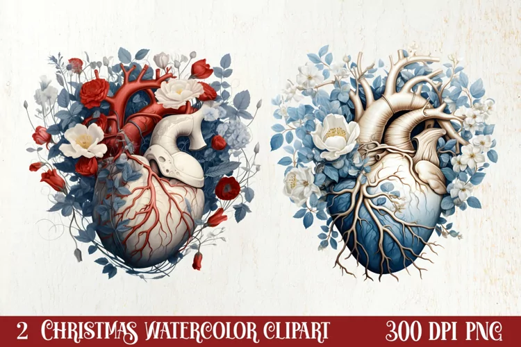 Watercolor Christmas Floral Hearts Clipart