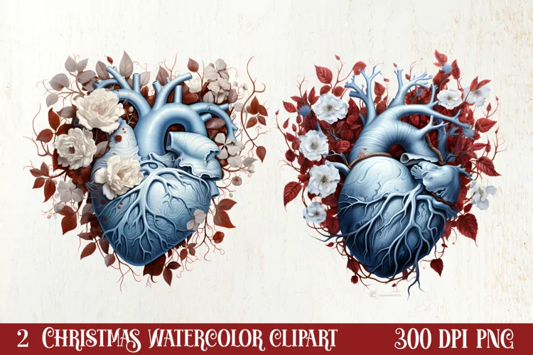 Watercolor Christmas Floral Hearts Clipart