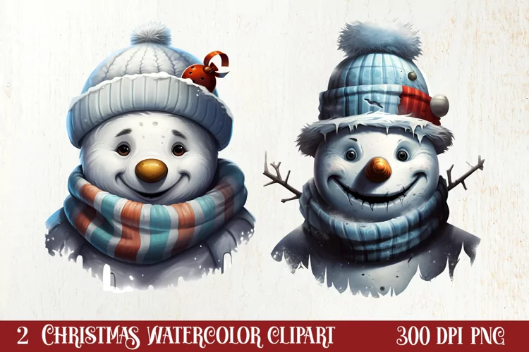 Watercolor Peeking Santa and Snowman Clipart, Christmas PNG