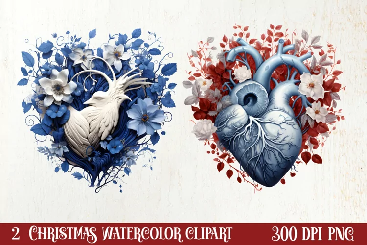 Watercolor Christmas Floral Hearts Clipart