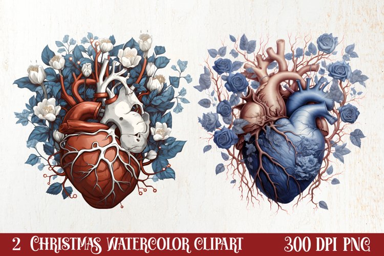 Watercolor Christmas Floral Hearts Clipart
