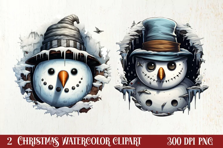 Watercolor Peeking Santa and Snowman Clipart, Christmas PNG