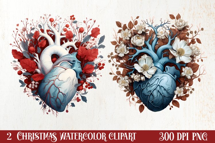 Watercolor Christmas Floral Hearts Clipart