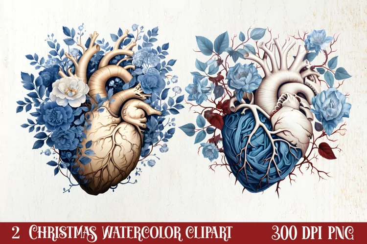 Watercolor Christmas Floral Hearts Clipart