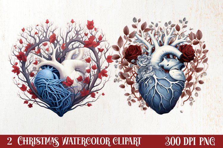 Watercolor Christmas Floral Hearts Clipart
