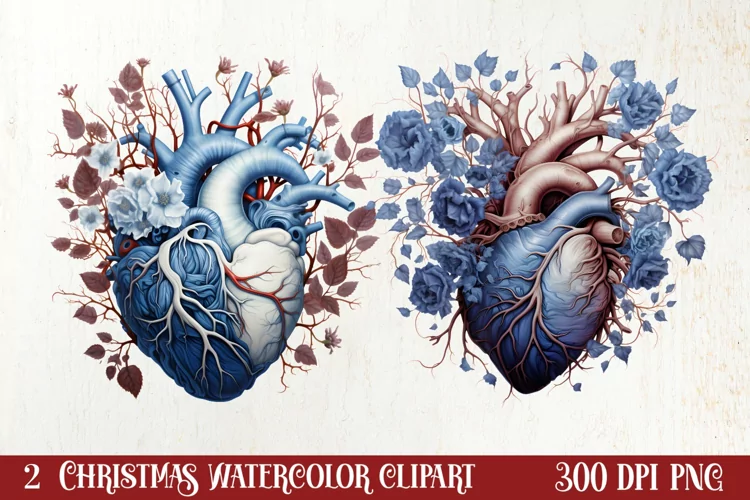 Watercolor Christmas Floral Hearts Clipart
