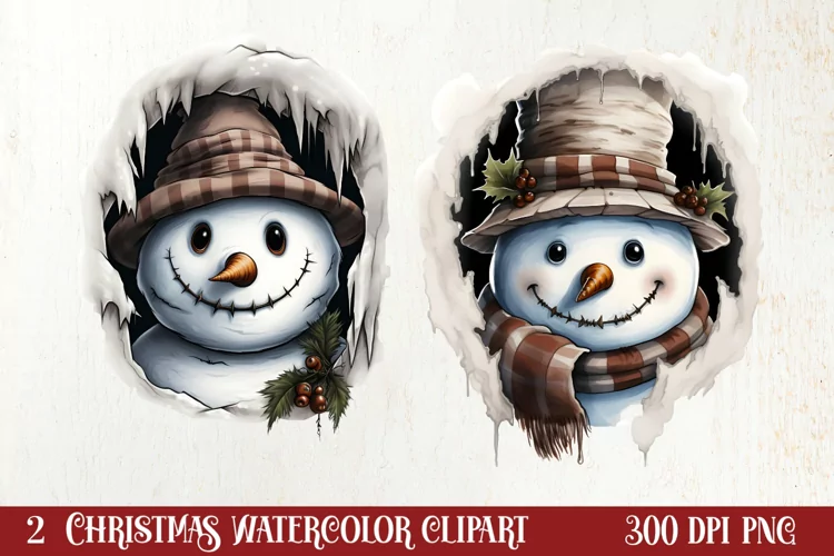 Watercolor Peeking Santa and Snowman Clipart, Christmas PNG