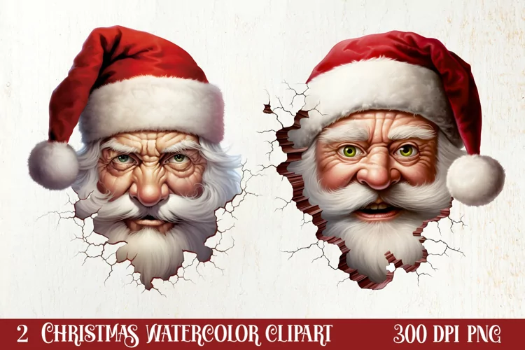 Watercolor Peeking Santa and Snowman Clipart, Christmas PNG