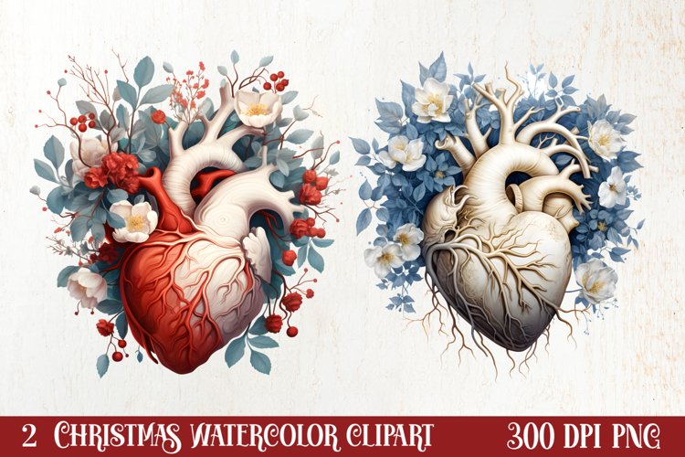 Watercolor Christmas Floral Hearts Clipart