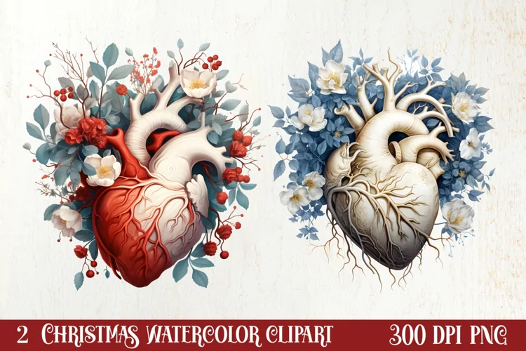Watercolor Christmas Floral Hearts Clipart