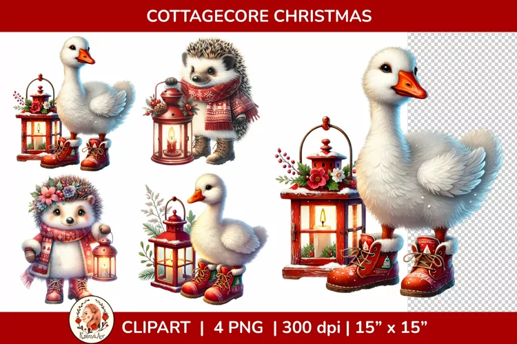 Christmas Cottagecore Animals Clipart, Christmas Clipart