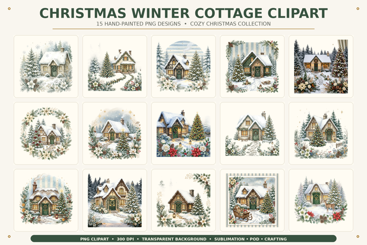 Christmas Winter Cottage Clipart PNG | Cozy Christmas House
