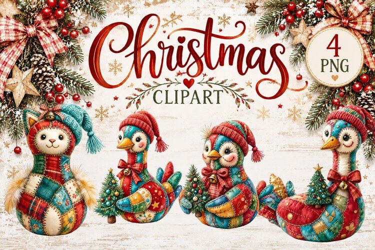 Cute Patchwork Christmas Animals Clipart | Teddy animals example image 1