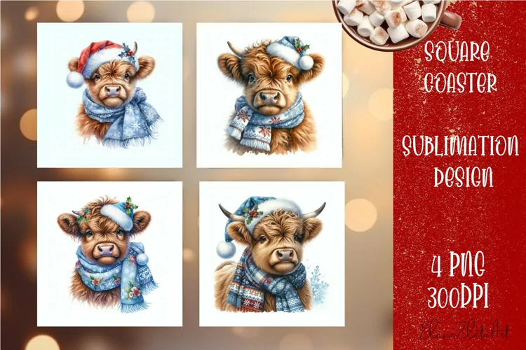 Christmas cow Santa claus Sublimation Coaster Design