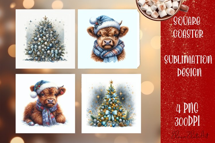 Christmas cow Santa claus Sublimation Coaster Design example image 1