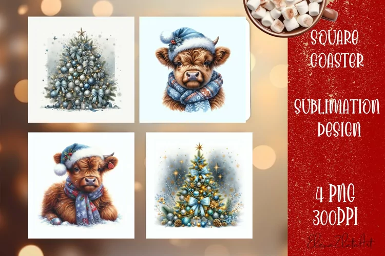 Christmas cow Santa claus Sublimation Coaster Design