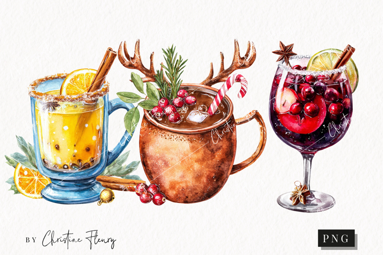 Watercolor Christmas Cocktails | Christmas PNG