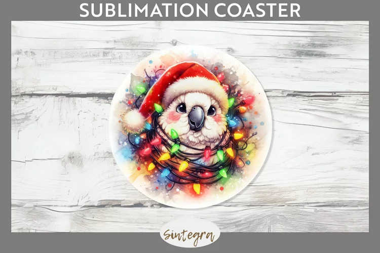 Christmas Cockatoo v4 Entangled in Lights Round Coaster