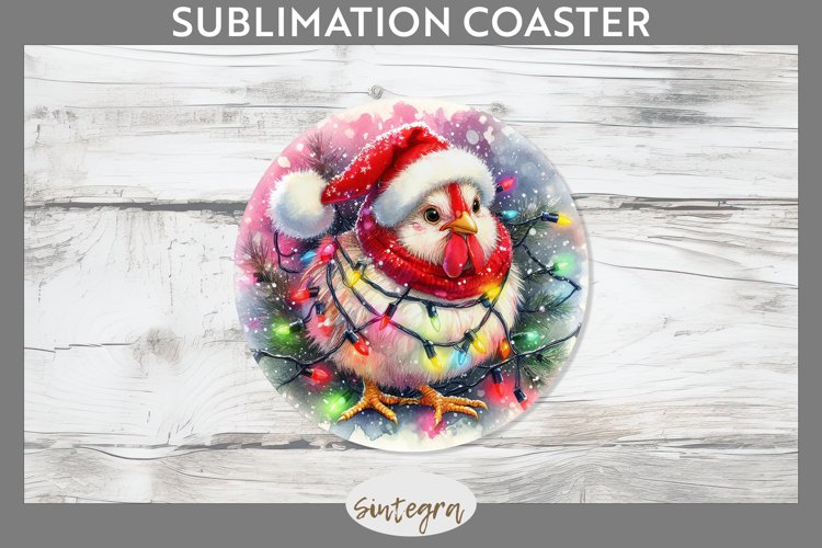 Christmas Cockerel Entangled in Lights Round Coaster Sublima example image 1