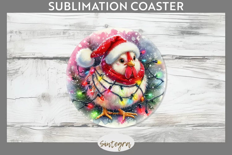 Christmas Cockerel Entangled in Lights Round Coaster Sublima