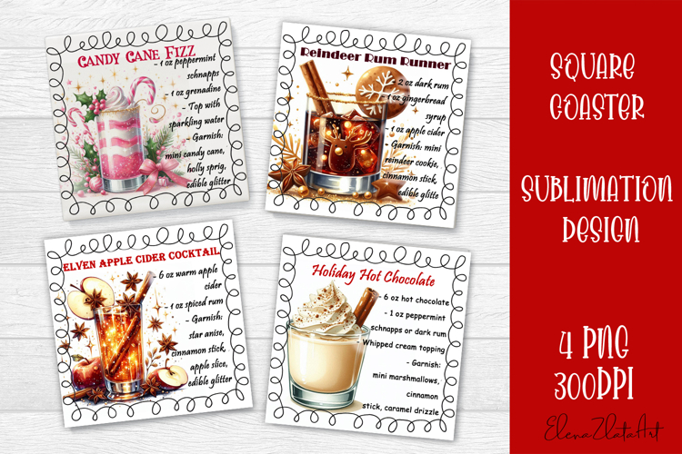 Square coaster holder, cocktail recipes, sublimation designs